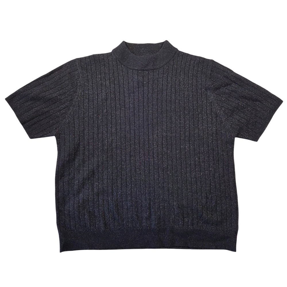 Sag Harbor Womens Black Metallic Ribbed Mock Neck Short Sleeve Sweater L Retro
